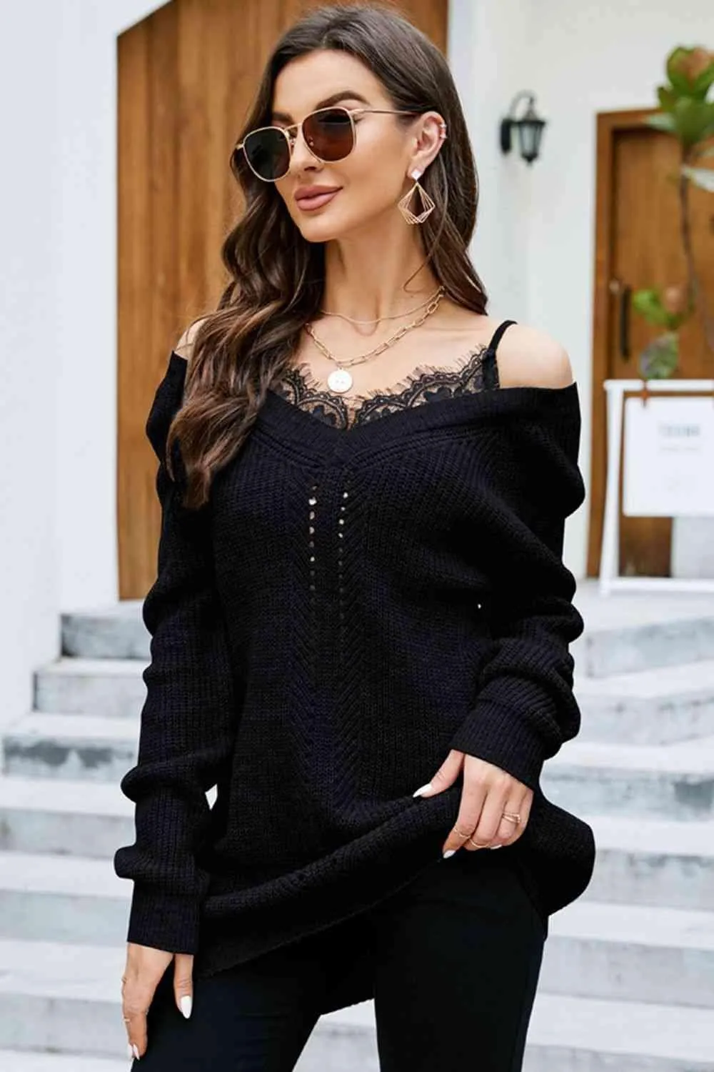 Warm Seduction Lace Off The Shoulder Sweater Dress
