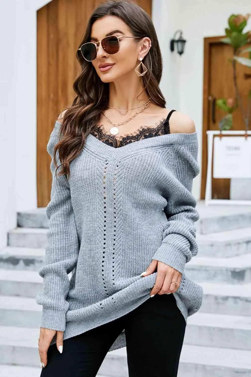 Warm Seduction Lace Off The Shoulder Sweater Dress