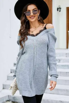 Warm Seduction Lace Off The Shoulder Sweater Dress