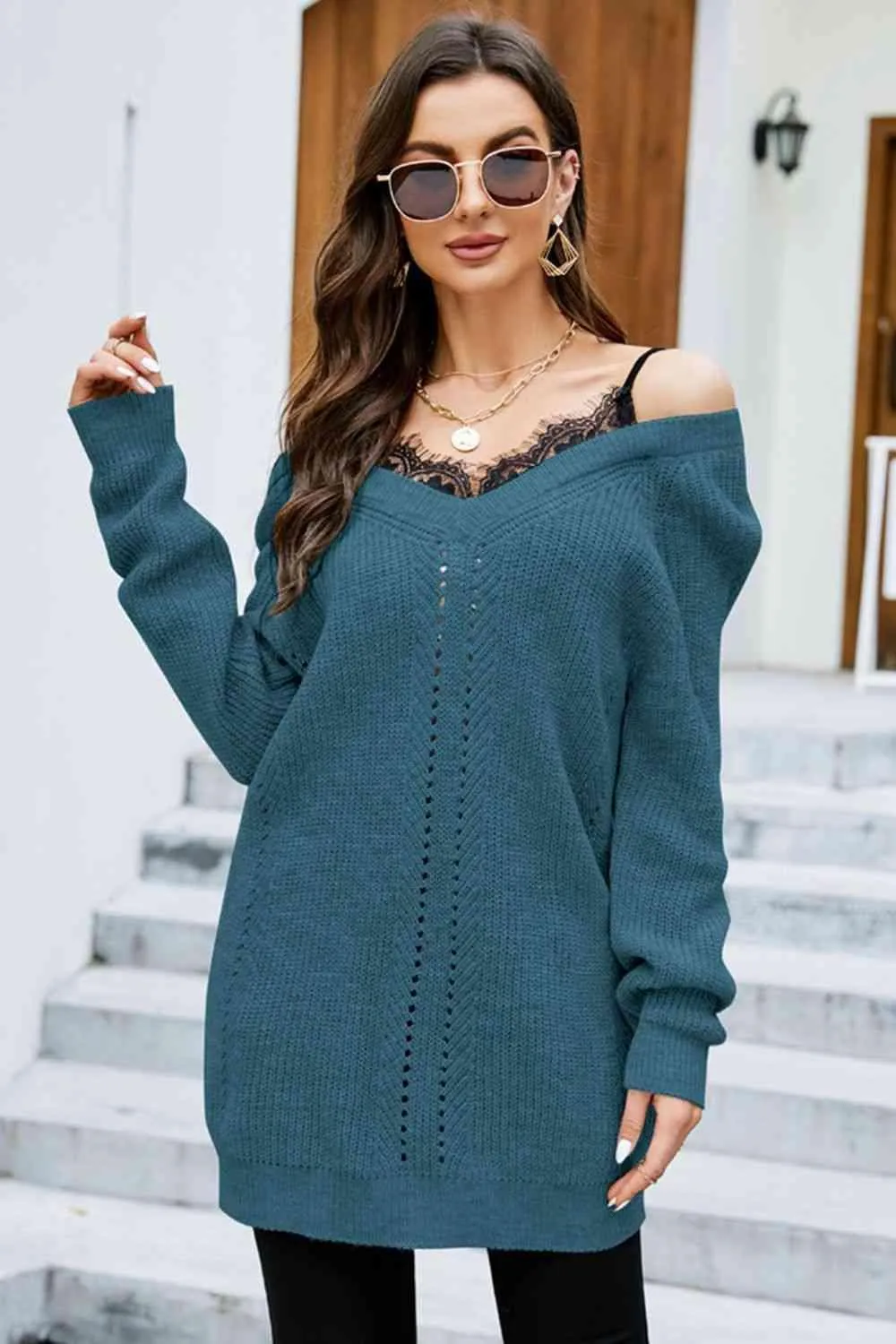 Warm Seduction Lace Off The Shoulder Sweater Dress
