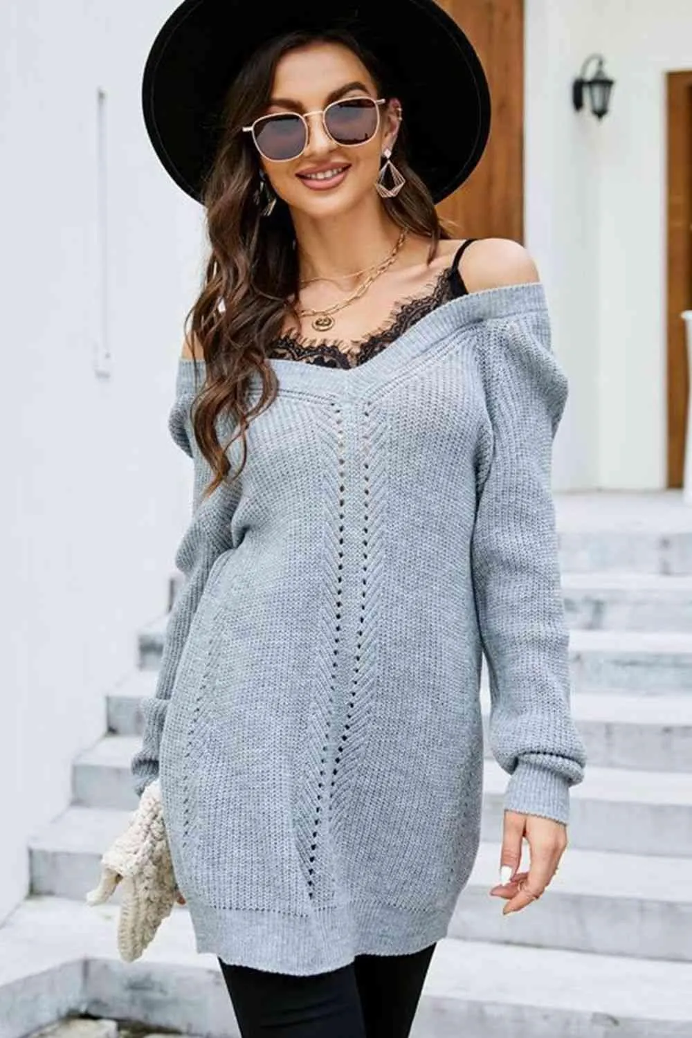 Warm Seduction Lace Off The Shoulder Sweater Dress