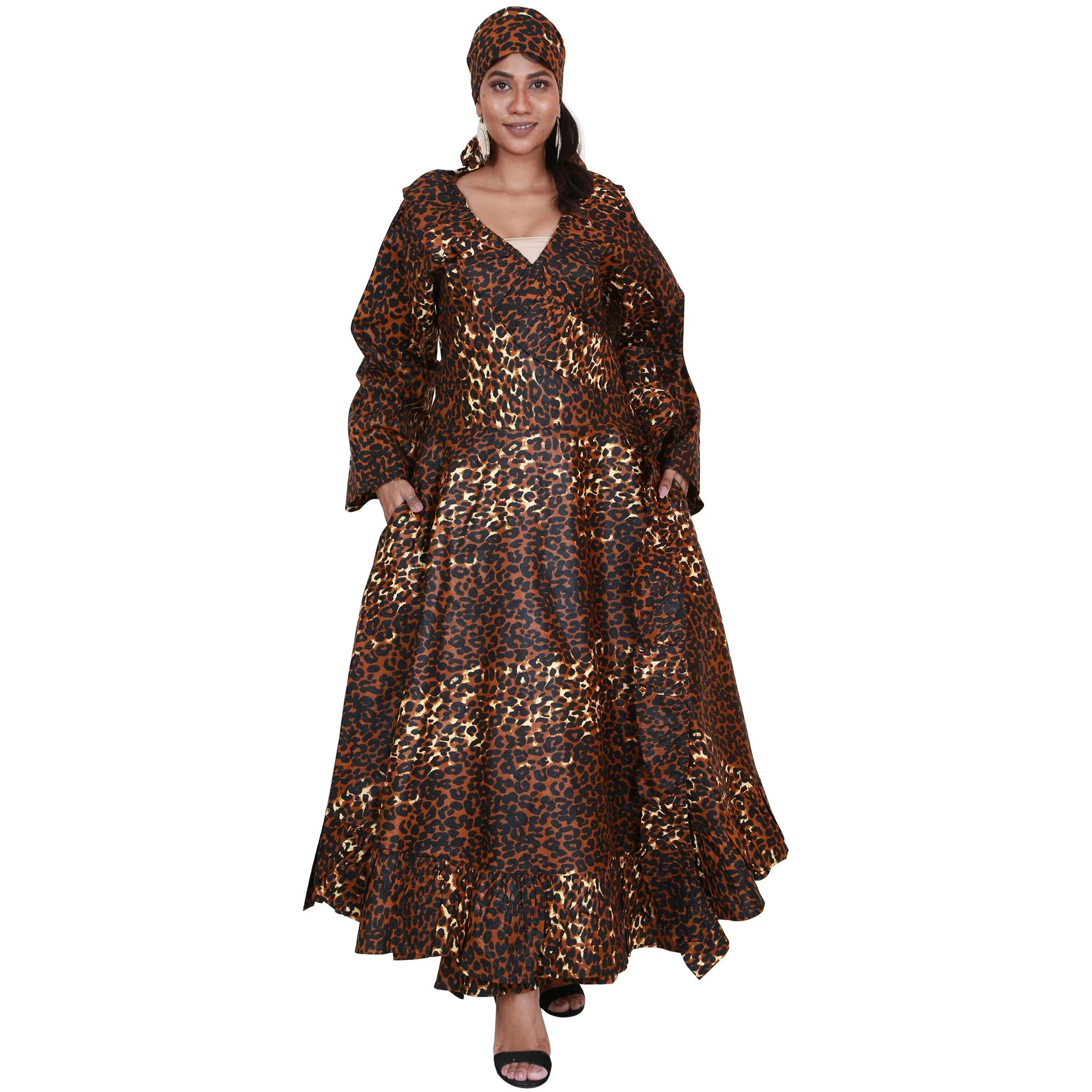 Women's Long Sleeve Ruffle Maxi Wrap Dress with Scarf - FI-P6204