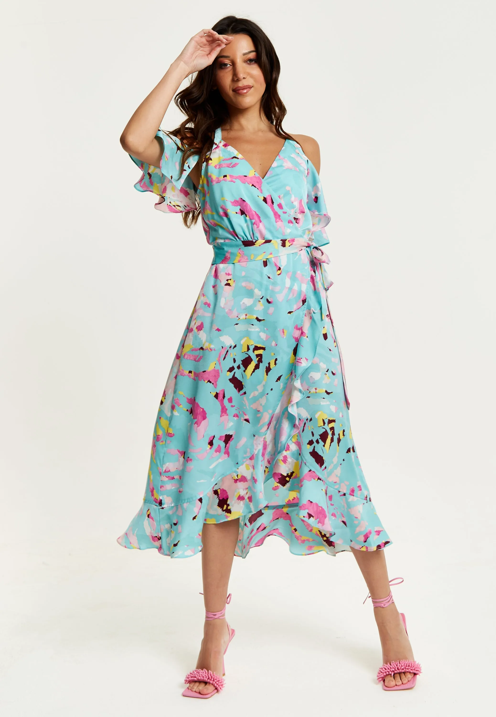 Women's Midi Wrap Dress in Blue Abstract Print with Cold Shoulders and Tie Waist - Elegant Style by Liquorish
