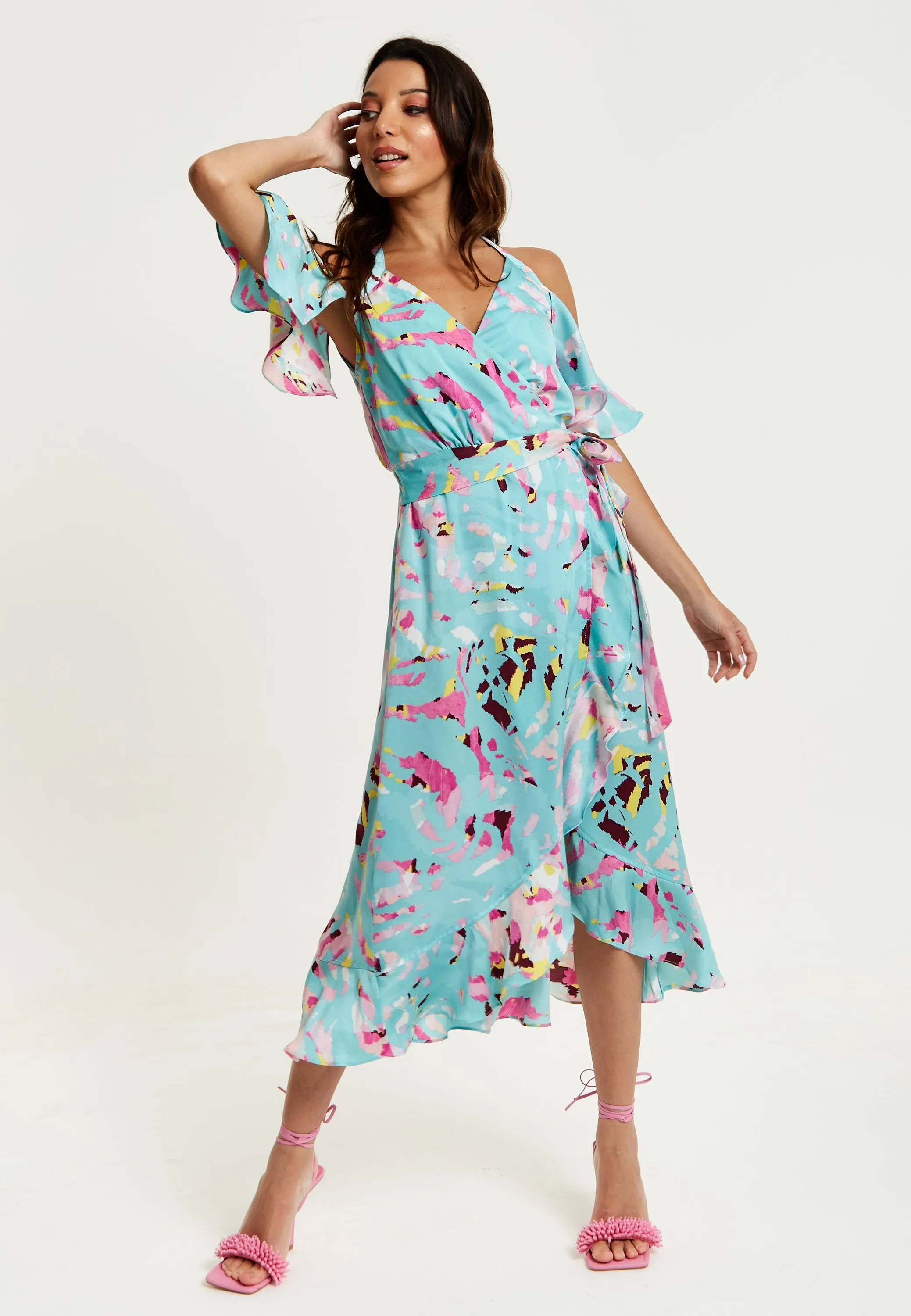 Women's Midi Wrap Dress in Blue Abstract Print with Cold Shoulders and Tie Waist - Elegant Style by Liquorish