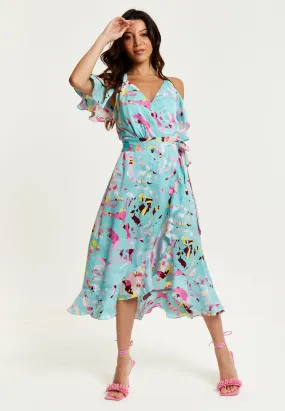 Women's Midi Wrap Dress in Blue Abstract Print with Cold Shoulders and Tie Waist - Elegant Style by Liquorish