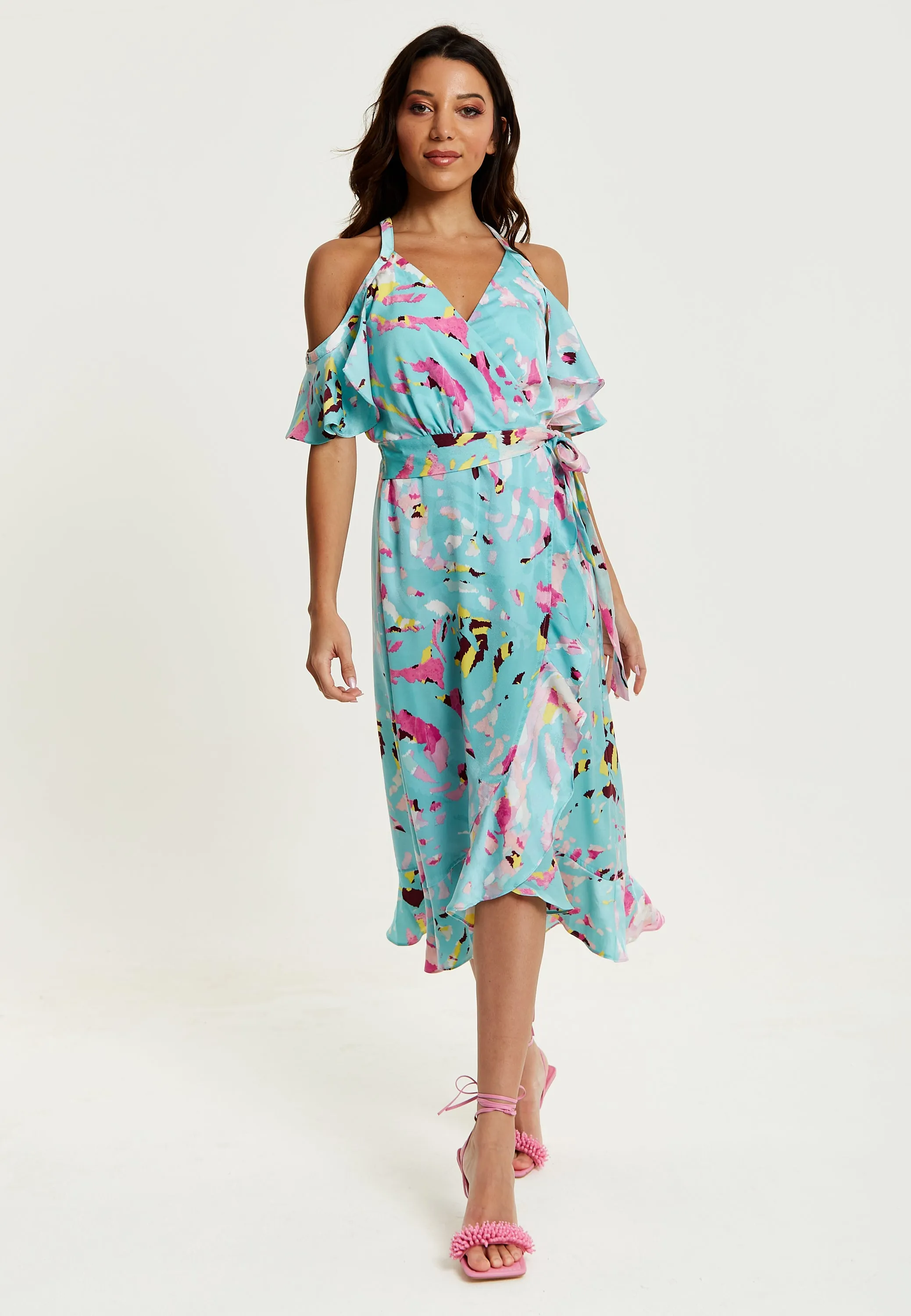 Women's Midi Wrap Dress in Blue Abstract Print with Cold Shoulders and Tie Waist - Elegant Style by Liquorish