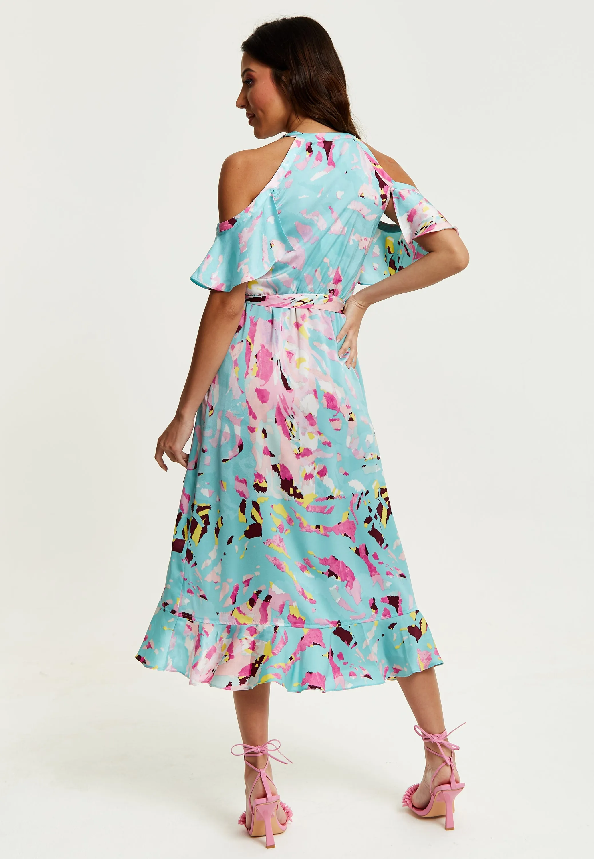 Women's Midi Wrap Dress in Blue Abstract Print with Cold Shoulders and Tie Waist - Elegant Style by Liquorish