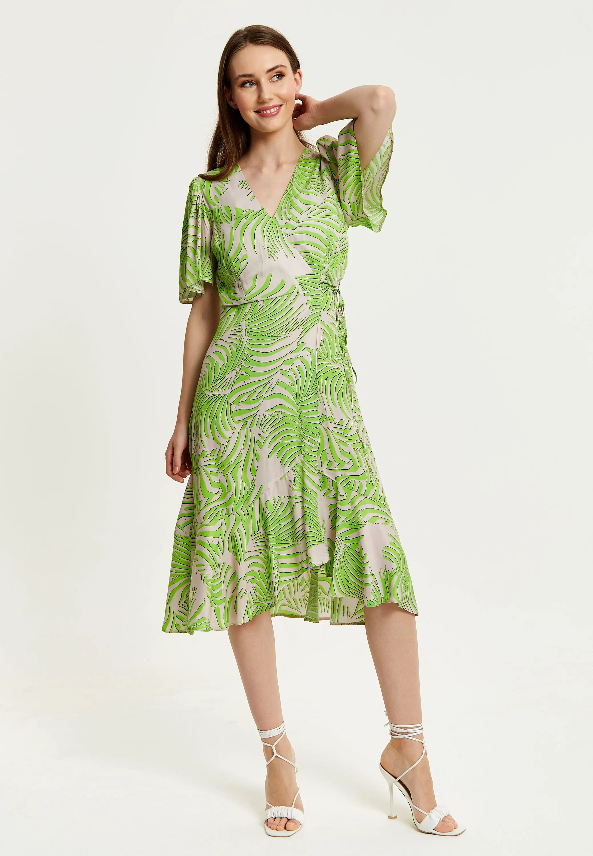 Women's Midi Wrap Dress in Tropical Print with Short Sleeves - V Neck, Regular Fit, Perfect for Summer by Liquorish