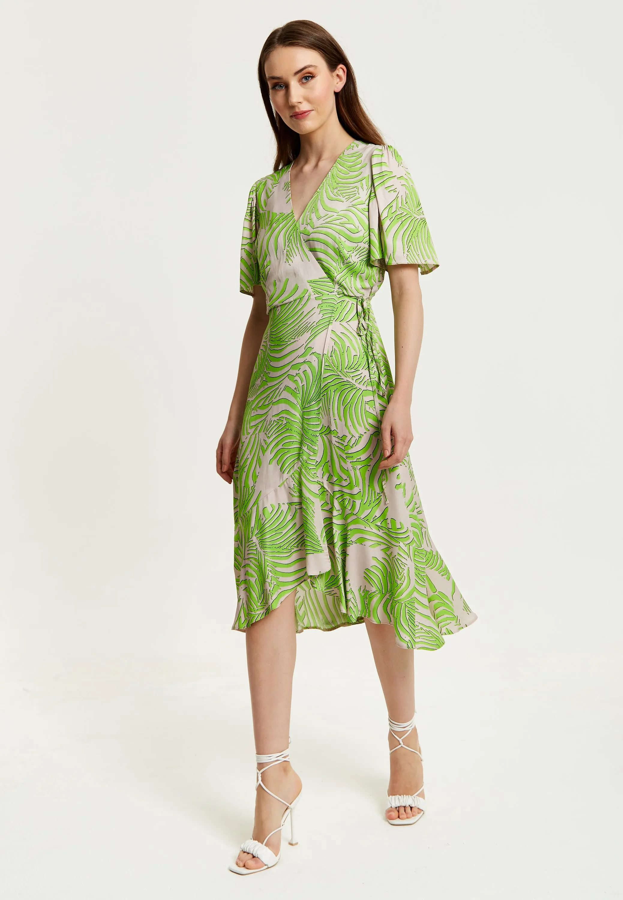 Women's Midi Wrap Dress in Tropical Print with Short Sleeves - V Neck, Regular Fit, Perfect for Summer by Liquorish