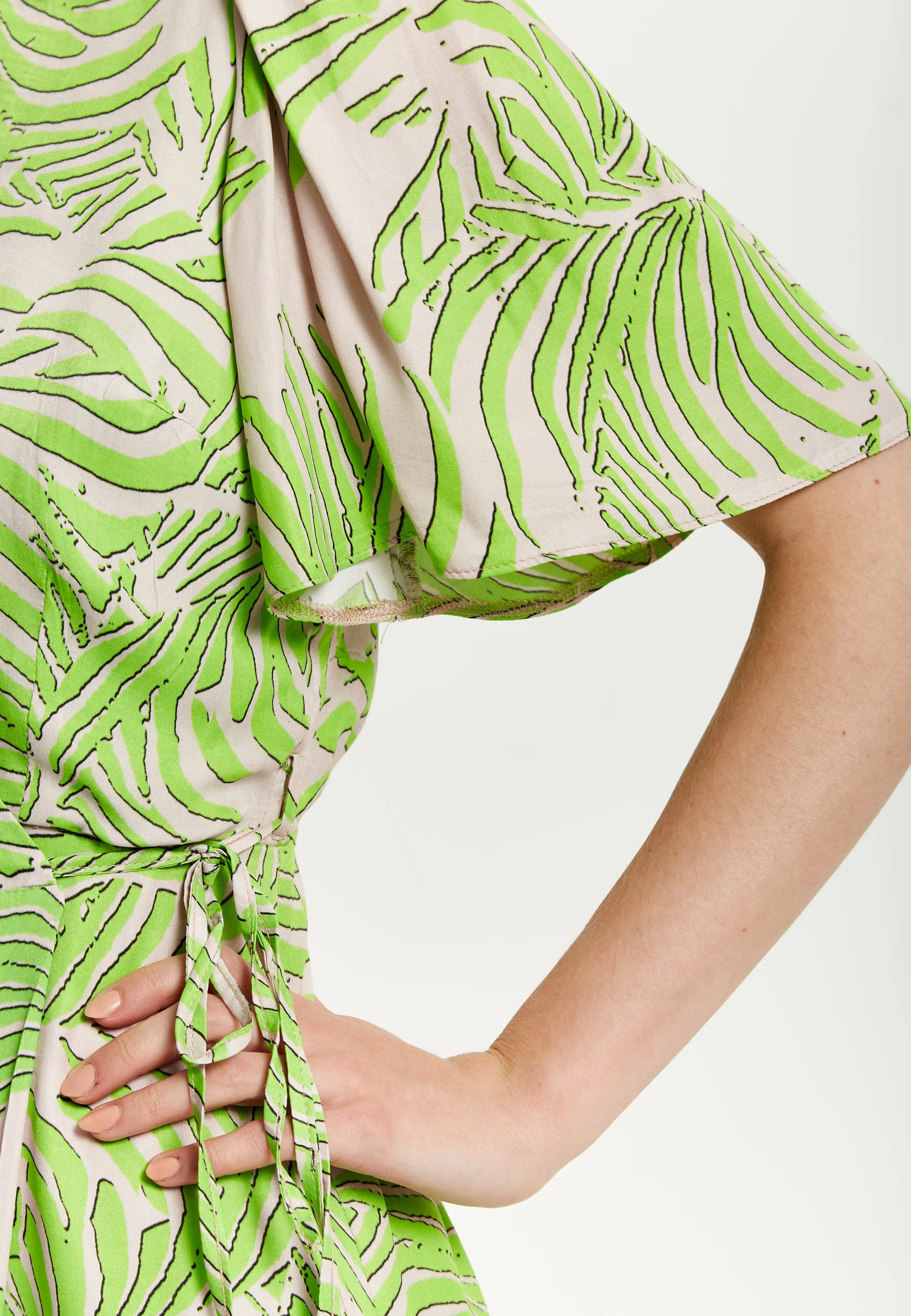 Women's Midi Wrap Dress in Tropical Print with Short Sleeves - V Neck, Regular Fit, Perfect for Summer by Liquorish