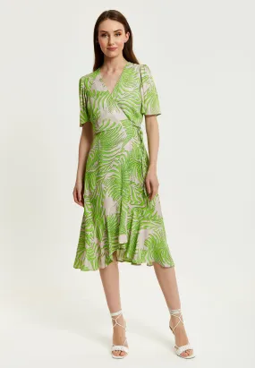 Women's Midi Wrap Dress in Tropical Print with Short Sleeves - V Neck, Regular Fit, Perfect for Summer by Liquorish