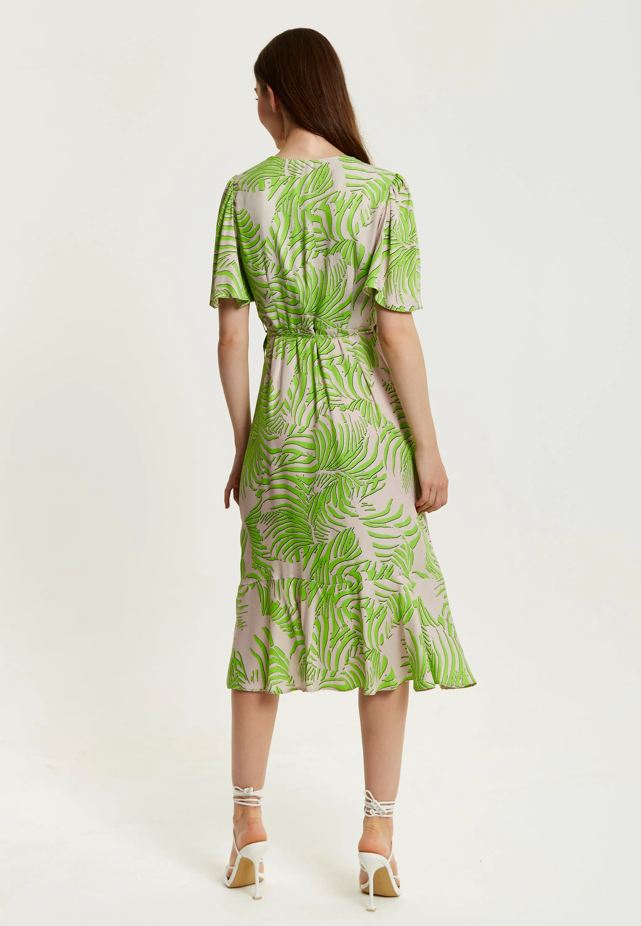 Women's Midi Wrap Dress in Tropical Print with Short Sleeves - V Neck, Regular Fit, Perfect for Summer by Liquorish