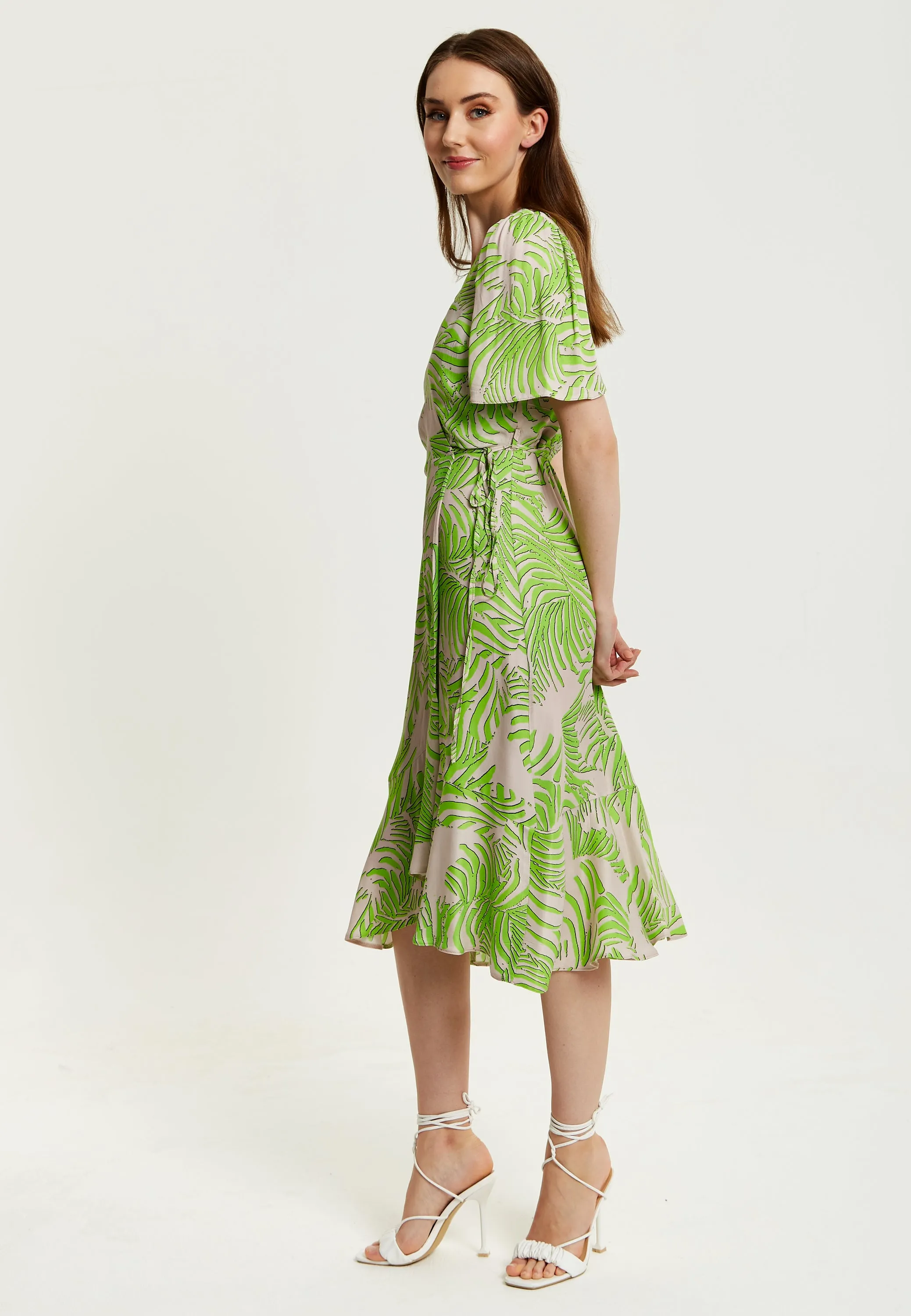 Women's Midi Wrap Dress in Tropical Print with Short Sleeves - V Neck, Regular Fit, Perfect for Summer by Liquorish